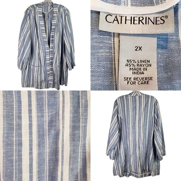 Catherines Womens Blazer Open Front Jacket Size 2X Linen Blend Blue White New - Picture 1 of 10